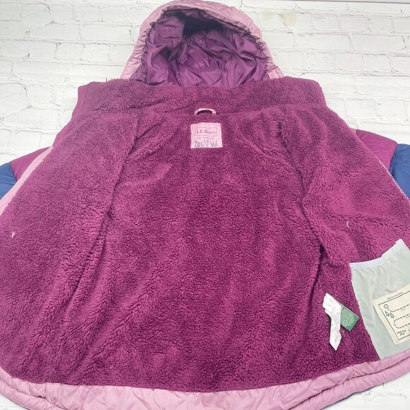 L.L. Bean Girls 8 Beans Down Puffer Jacket Colorblock Mauve Berry Winter Hooded - Picture 9 of 11
